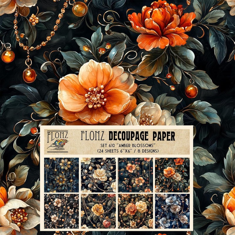Decoupage Paper Pack (24 Sheets 6"x6") Amber Blossoms: Radiant Orange Flowers Enhanced with Luxurious Jewel Accents for Exquisite Craft and Design Applications # Vintage Styled Paper for Craft